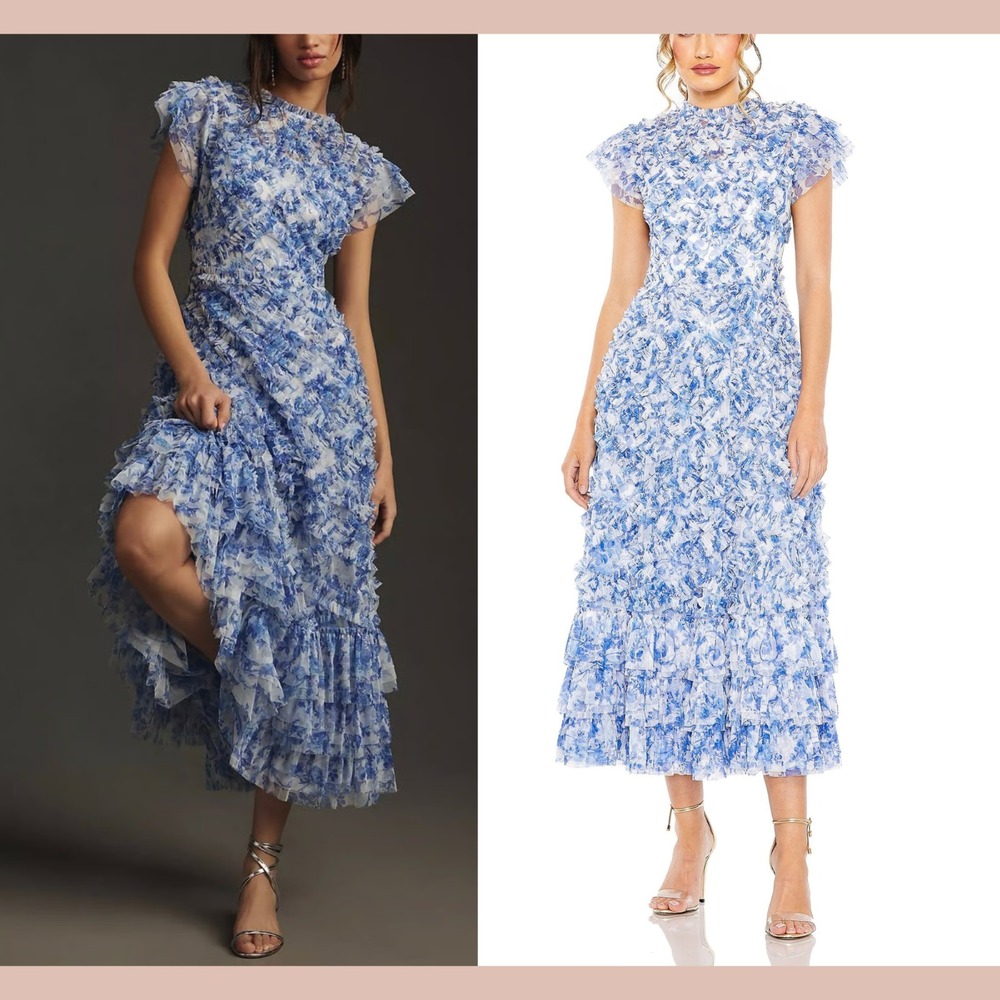 NWT Mac Duggal [ 14 ] 8009 High Neck Ruffle Cap Sleeve Floral‎ Dress Blue #J1815